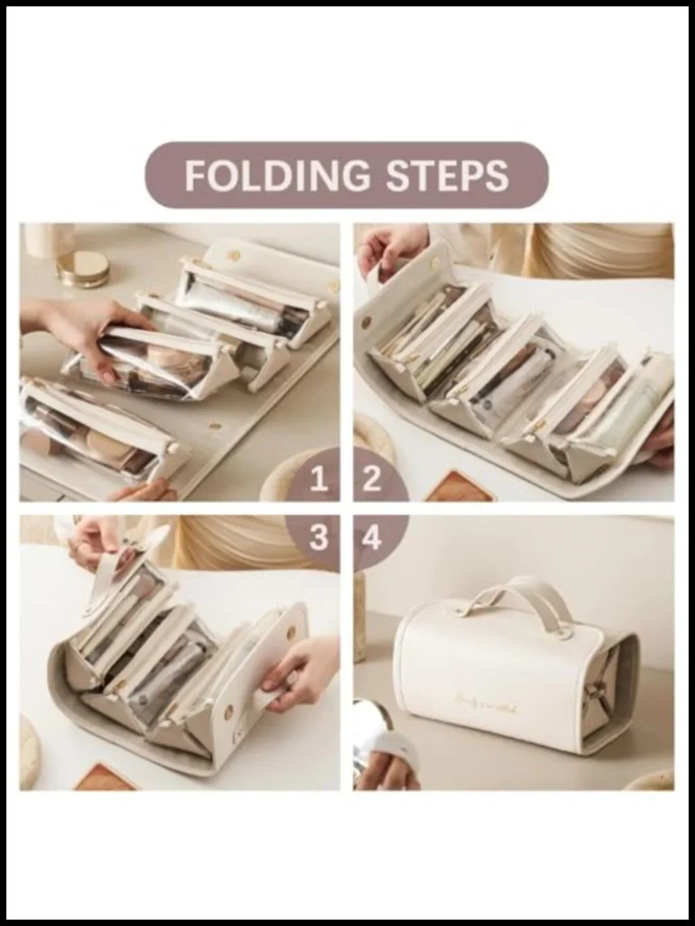 Leather Waterproof Roll Up Cosmetic Bag Detachable 4 in 1 Travel Toiletry Bag